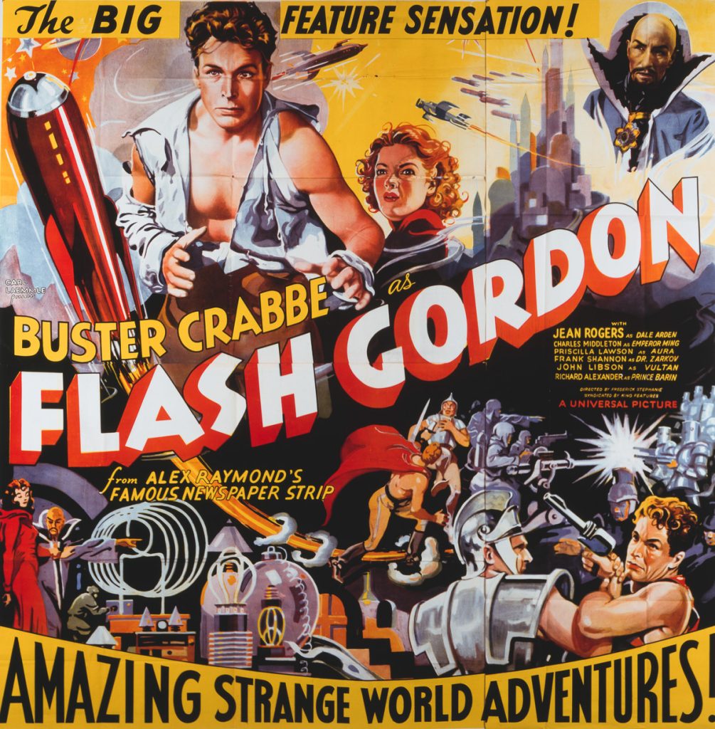 A poster for Frederick Stephani's 1936 action film 'Flash Gordon' starring Buster Crabbe, Jean Rogers, and Charles Middleton. (Photo by Movie Poster Image Art/Getty Images)