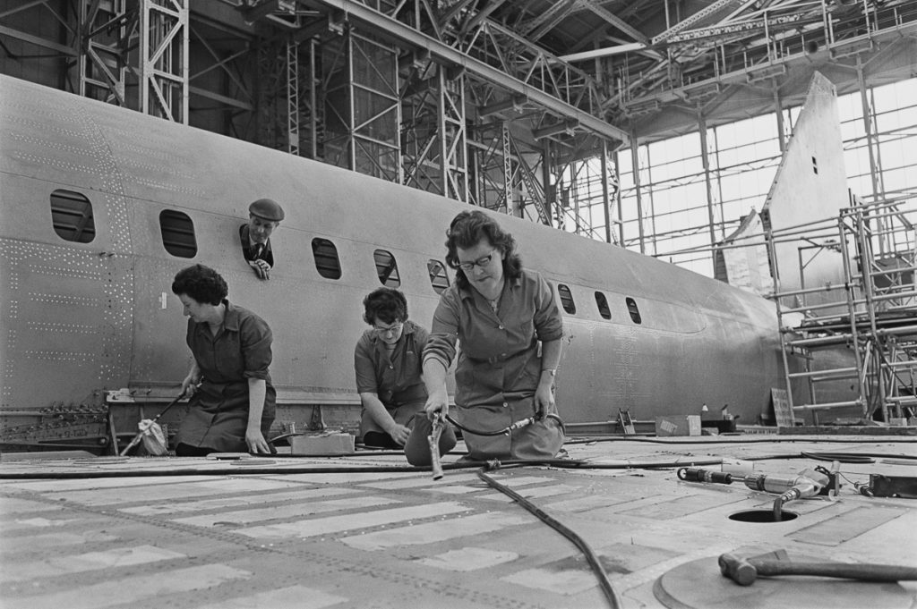 Cleaners at work on the prototype supersonic airliner Concorde 002, at the British Aircraft Corporation (BAC) works at Filton, Bristol, 30th January 1967. (Photo by Ron Moran/Daily Express/Hulton Archive/Getty Images)