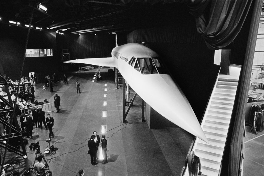 A full scale, wooden mock-up of the new Concorde supersonic airliner on display at the British Aircraft Corporation (BAC) works at Filton, Bristol, 1st March 1967. The model is a promotional exhibit and will be shown at the Paris Air Show at Le Bourget in June. (Photo by Daily Express/Hulton Archive/Getty Images)