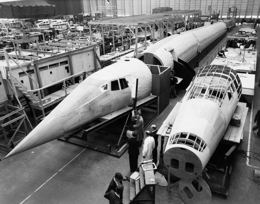 A wooden mock up of the supersonic aircraft 'Concorde' at Filton in Bristol, England, October 24, 1963. (Photo by Central Press/Getty Images)