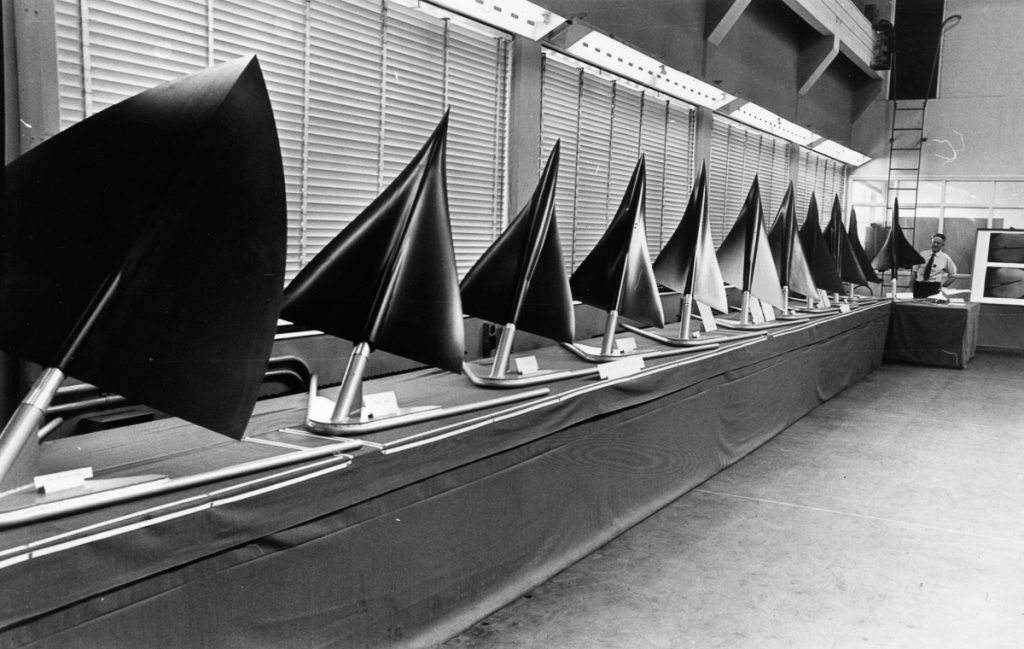 A model line up of the various designs suggested for the shape of Concorde, the eventual deign is at the far end of the row. (Photo by Central Press/Getty Images)