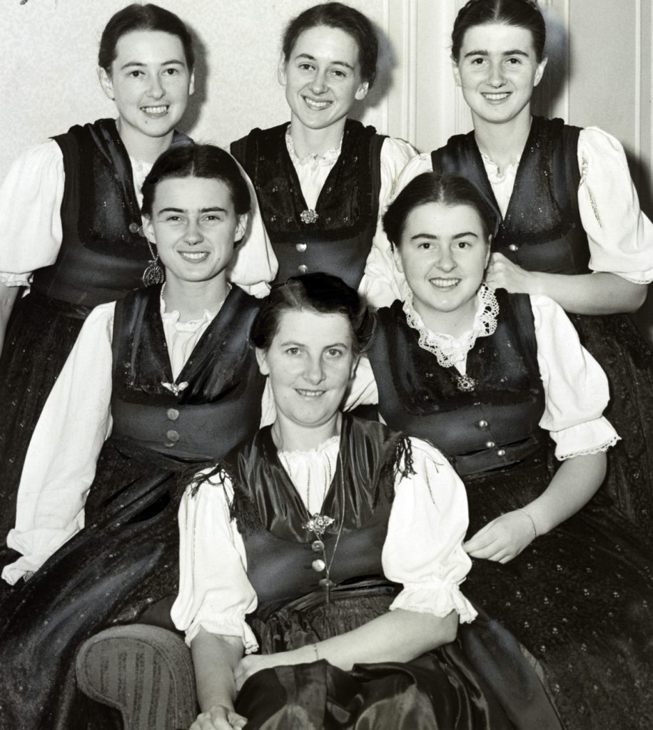 Photograph of Baroness Marie von Trapp (front) and five of her ten singing children. Dated 1940. (Photo by: Universal History Archive/UIG via Getty Images)