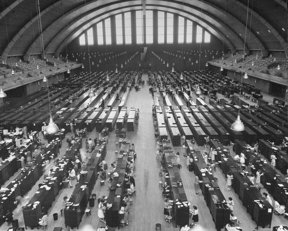 Files of the Federal Bureau of Investigation being set up on floor of armory. (Photo by Wallace Kirkland/The LIFE Picture Collection/Getty Images)