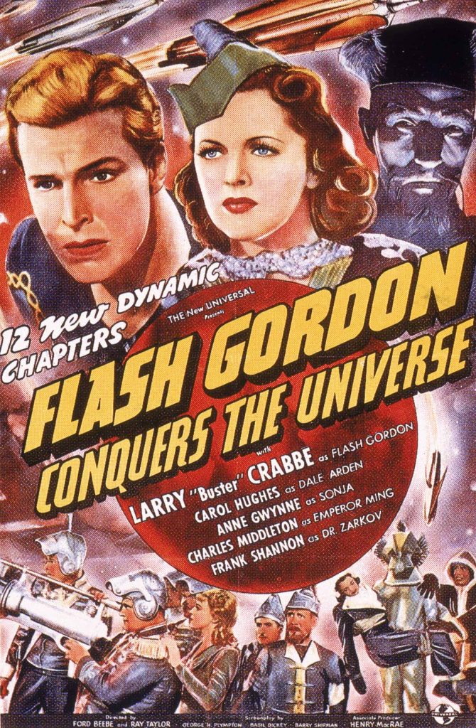 Promotional poster for the film, 'Flash Gordon Conquers the Universe,' starring Buster Crabbe (1907 - 1983) and directed by Ford Beebe, 1940. (Photo by Universal Studios/Courtesy of Getty Images)
